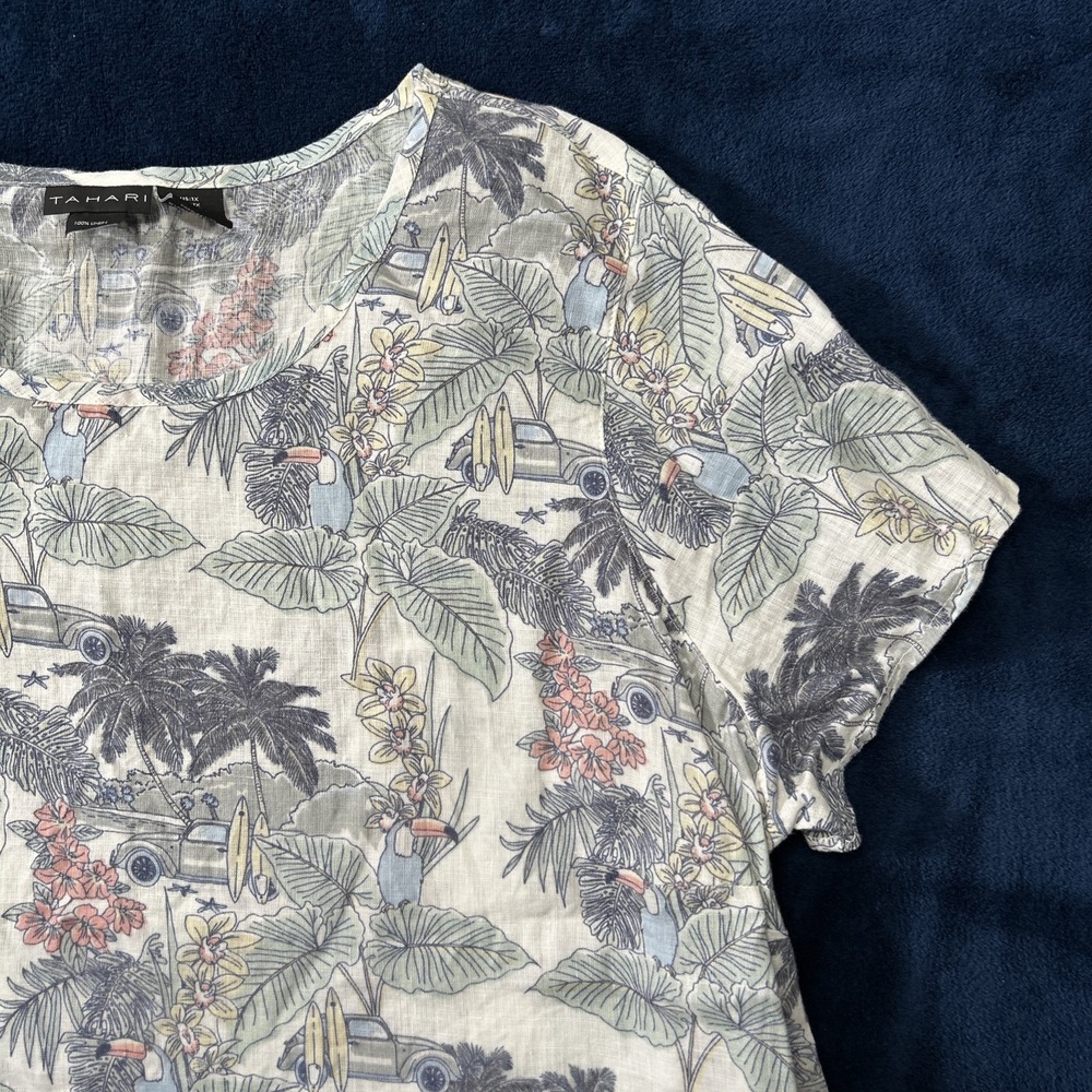 Tahari Womens Linen Top Size 1X Surfing Tropical Beach Print Resort Vacation - Picture 4 of 14